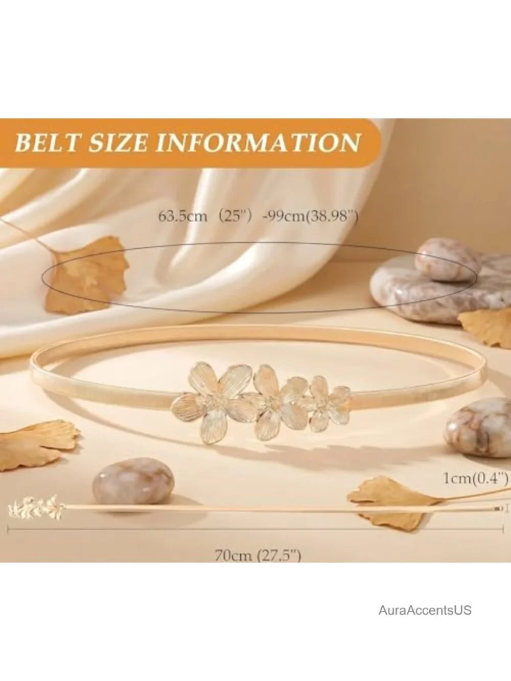 Metal Stretch Waist Belt, 3D Floral Decor Elastic Waist Chain Rose Gold Plated